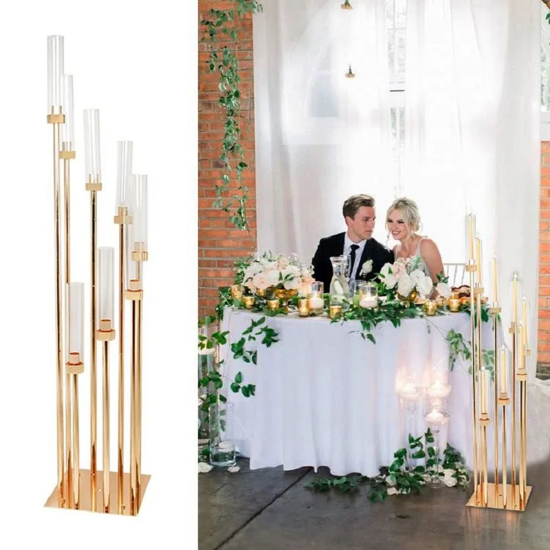 5/10 pcs 8 Heads Metal Candelabra Candle Holders Road Lead Table Centerpiece Gold Candelabrum Stand Pillar Candlestick wedding