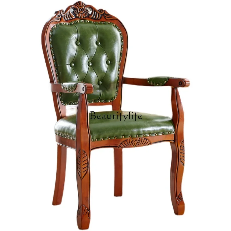 

European Style Solid Wood Vintage Chair with Armrests for Home Use, Backrest Dining Chair
