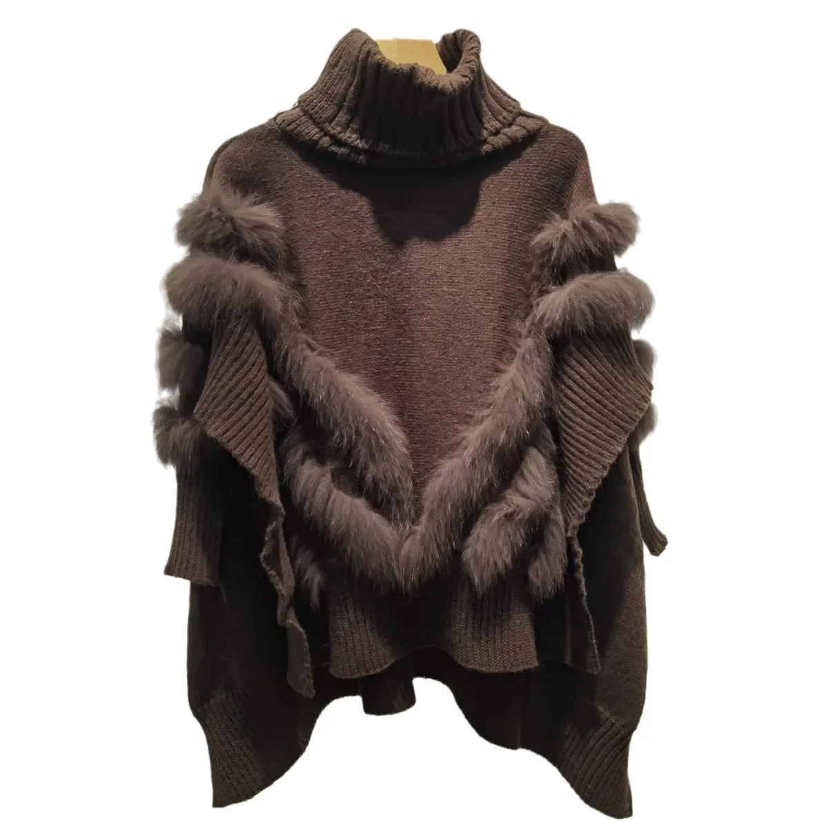 Women Autumn Natual Real Fox Fur Knitting Cloak Coat Lady\'s Loose Fox Fur Strip Sewed Decoration Turtleneck Knitted Cape