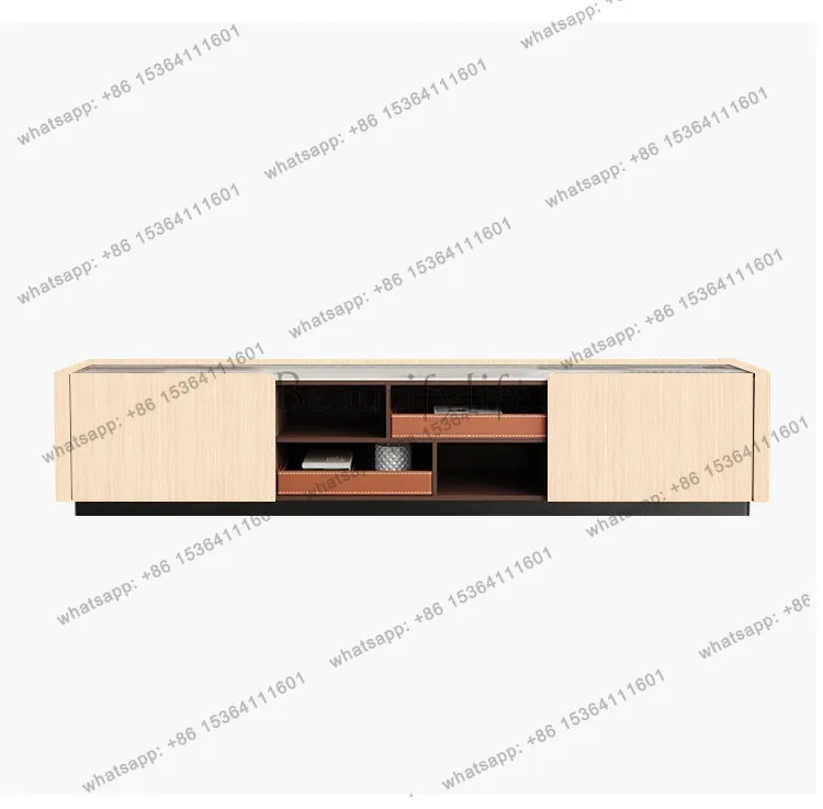 

Living room saddle leather TV cabinet combination solid wood light luxury high-end rock slab floor locker