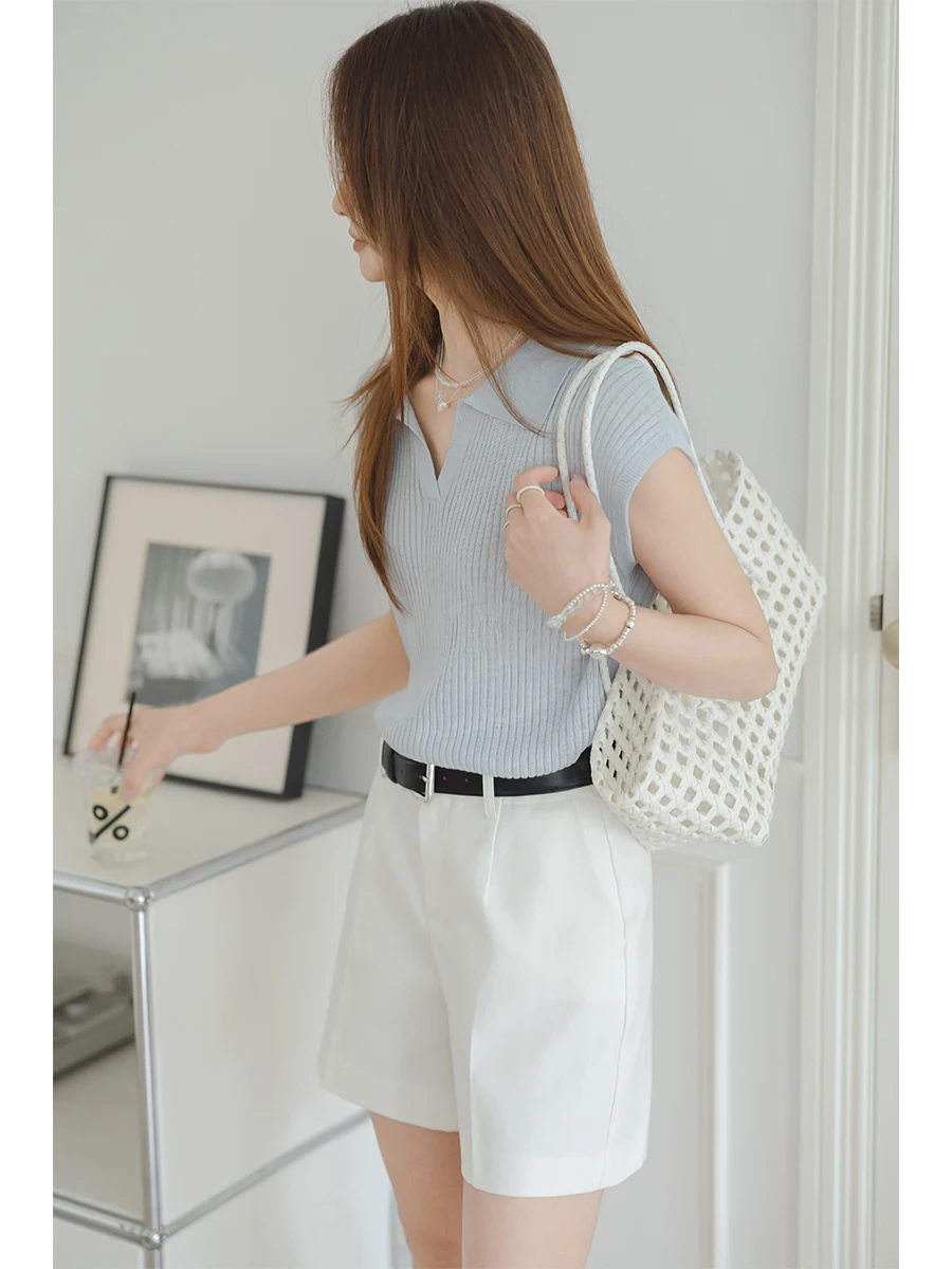 

Синяя вязаная футболка с V-образным вырезом и коротким рукавом в корейском стиле, прямого кроя, летняя, модная, элегантная, женская