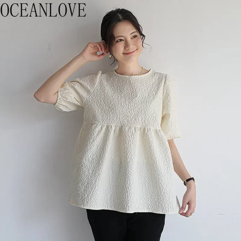 OCEANLOVE T Shirt Women Tops Puff Sleeve Solid Spring Summe Sweet Ropa De Mujer Korean Fashion Loose Vintage Sweet Tees