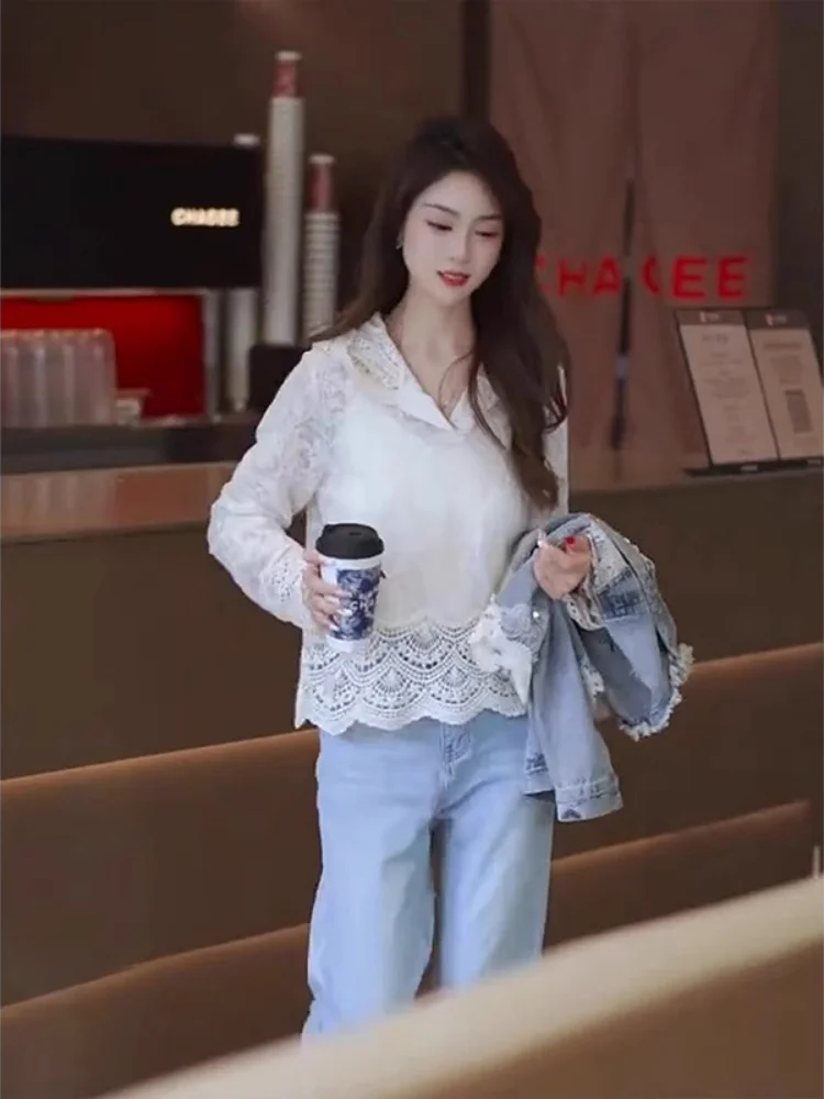 Korean Style Long Sleeve Lace Shirt Hollow out Hemline Hoodie Base Layer Autumn Winter New Style Inner Wear Elegant Top