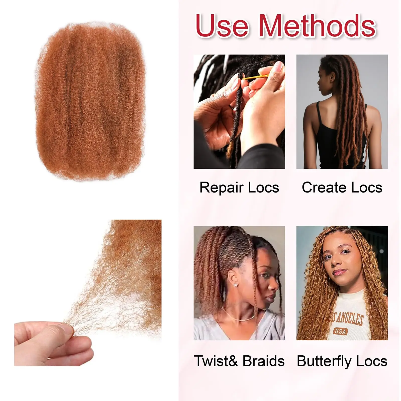 Brown Afro Kinky Bulk Human Hair for Dreadlocks Extensions Repair Loc Spring Twist Braiding Crochet Braids Afro Kinky Curly Bulk