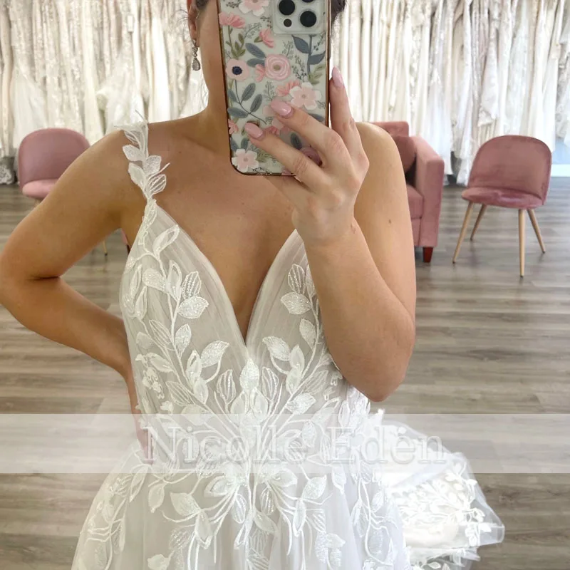 Nicolle Romantic Fancy Wedding Dresses Square Collars Long Sleeves Floral Print Lace up Corset Robe de Mariée Drop Shipping