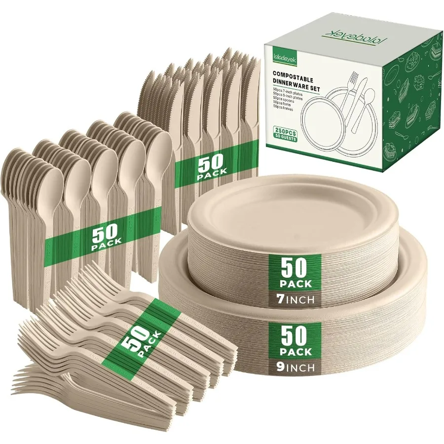

250 Piece Biodegradable Paper Plates Set Disposable Dinnerware for Outdoor Events Eco Friendly Compostable Tableware with Extra