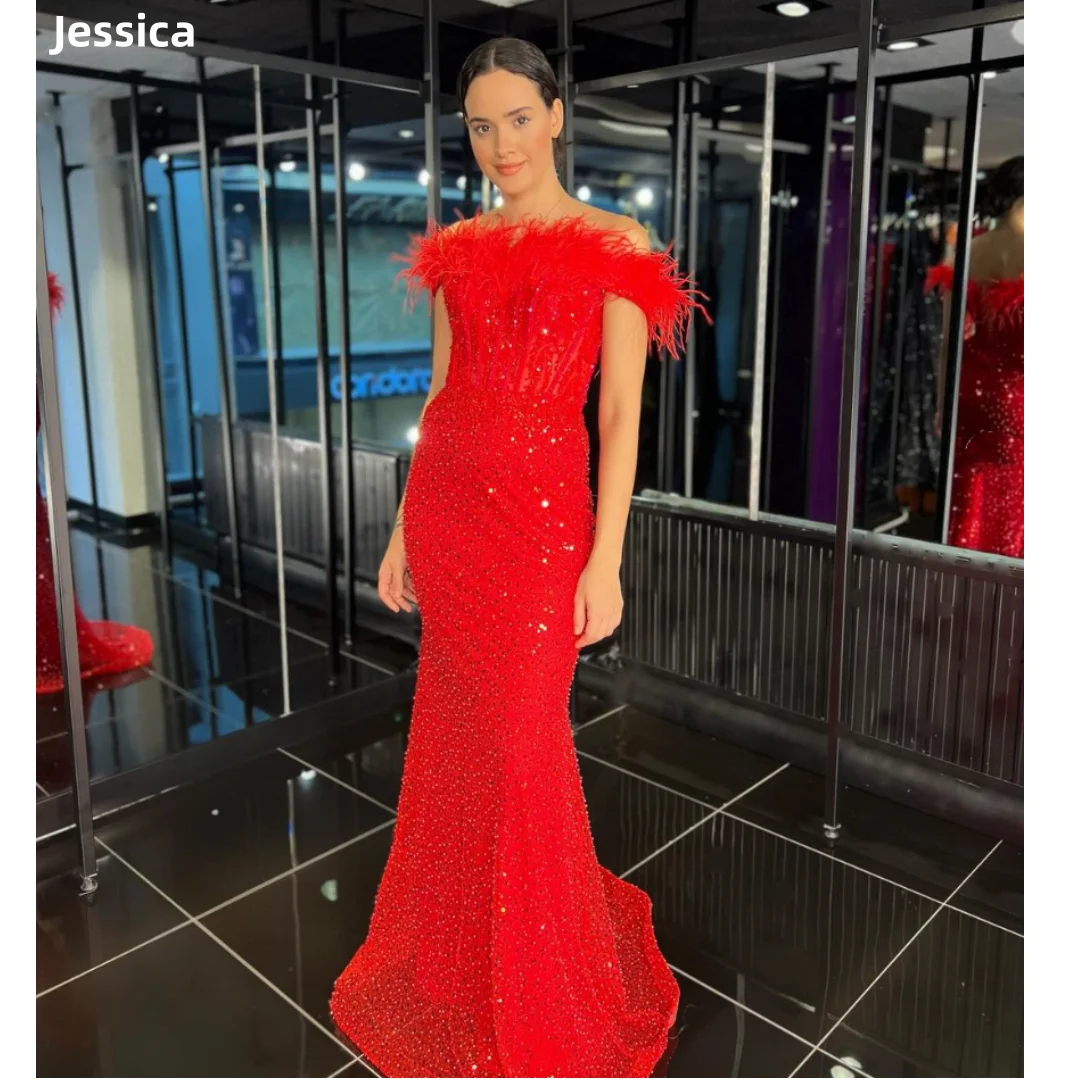 Jessica Sweetheart Red Wedding Dress Glitter Sequins Feather Luxury Prom Dresses Mermaid Elegant Lady Bespoke Occasion Dresses