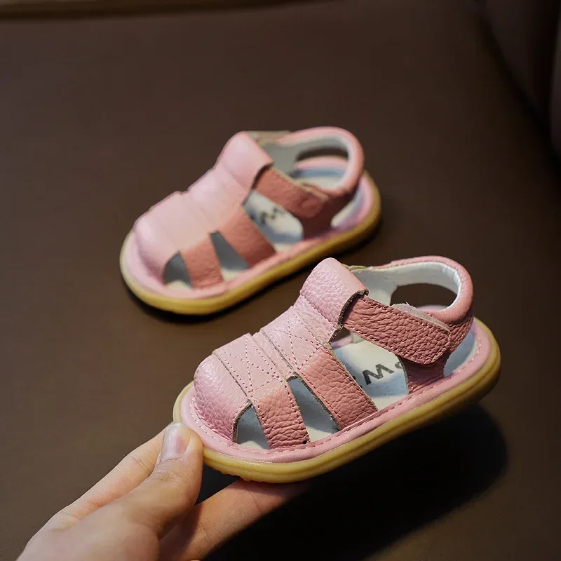 Sandalias anticolisión para niños y niñas, zapatos de piel auténtica de fondo suave para playa, Verano