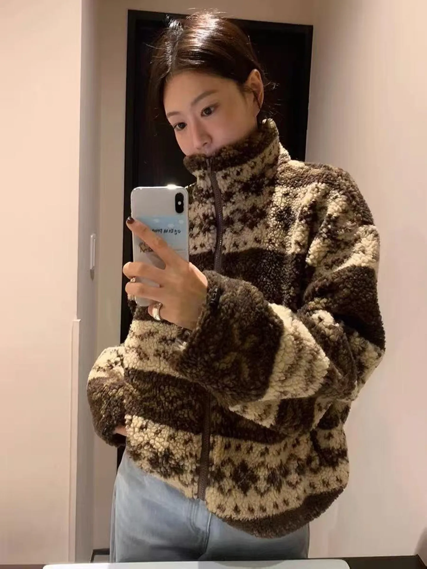 

Korean Style Thickened Lamb Fur Cotton Jacket Women's Coat Fair Isle Knit Outerwear Warm Fluffy Zipper Closure Long Sleeve