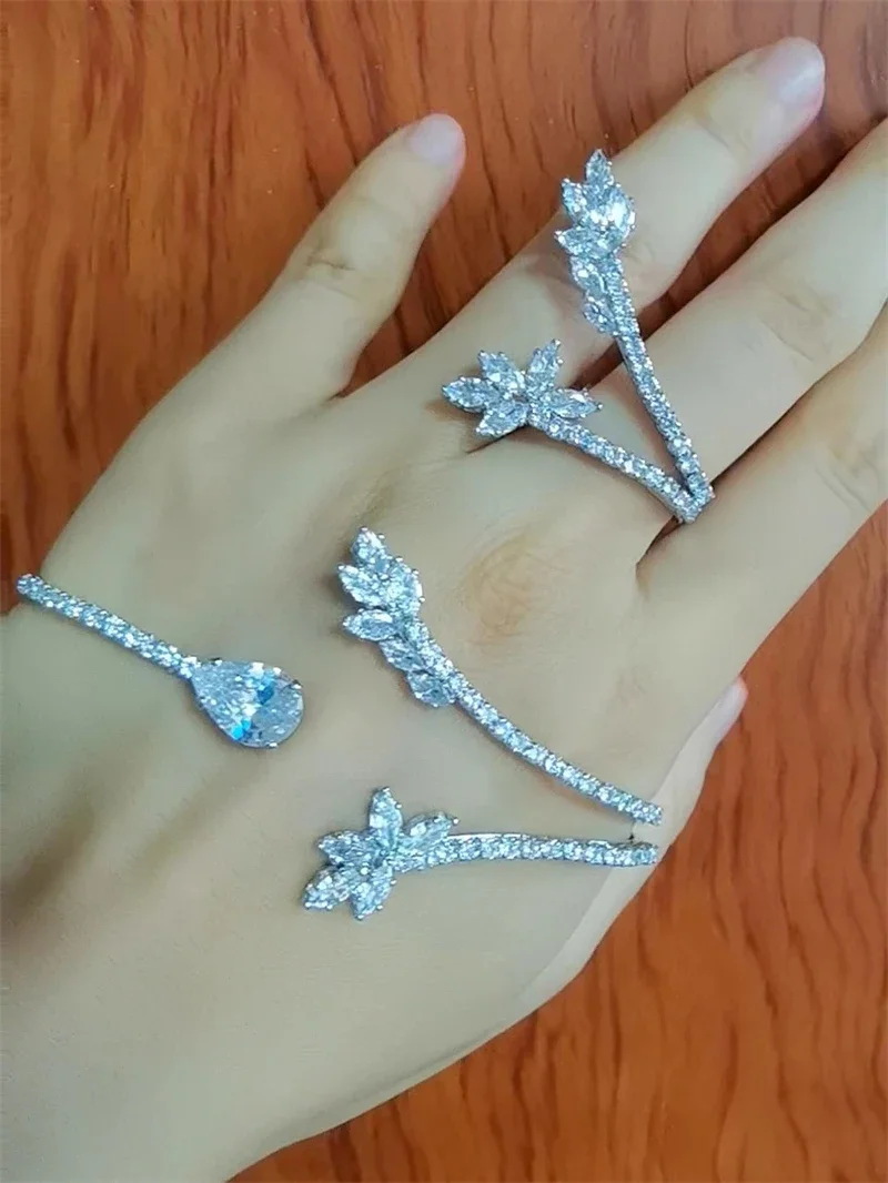 2 In 1 CZ Zircon Flower Leaf Hand Palm Bangles Finger Rings Jewelry Sets Bridal Cuff Bracelet Trendy Hand Palm Handlet for Women