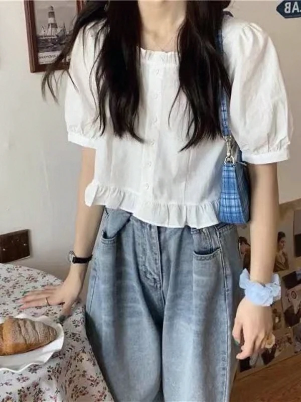 Slimming High Waist Short Sleeve Women's Shirt Summer New Style Fashionable Bubble Sleeve Salt And Sweet Style Casual Shirt