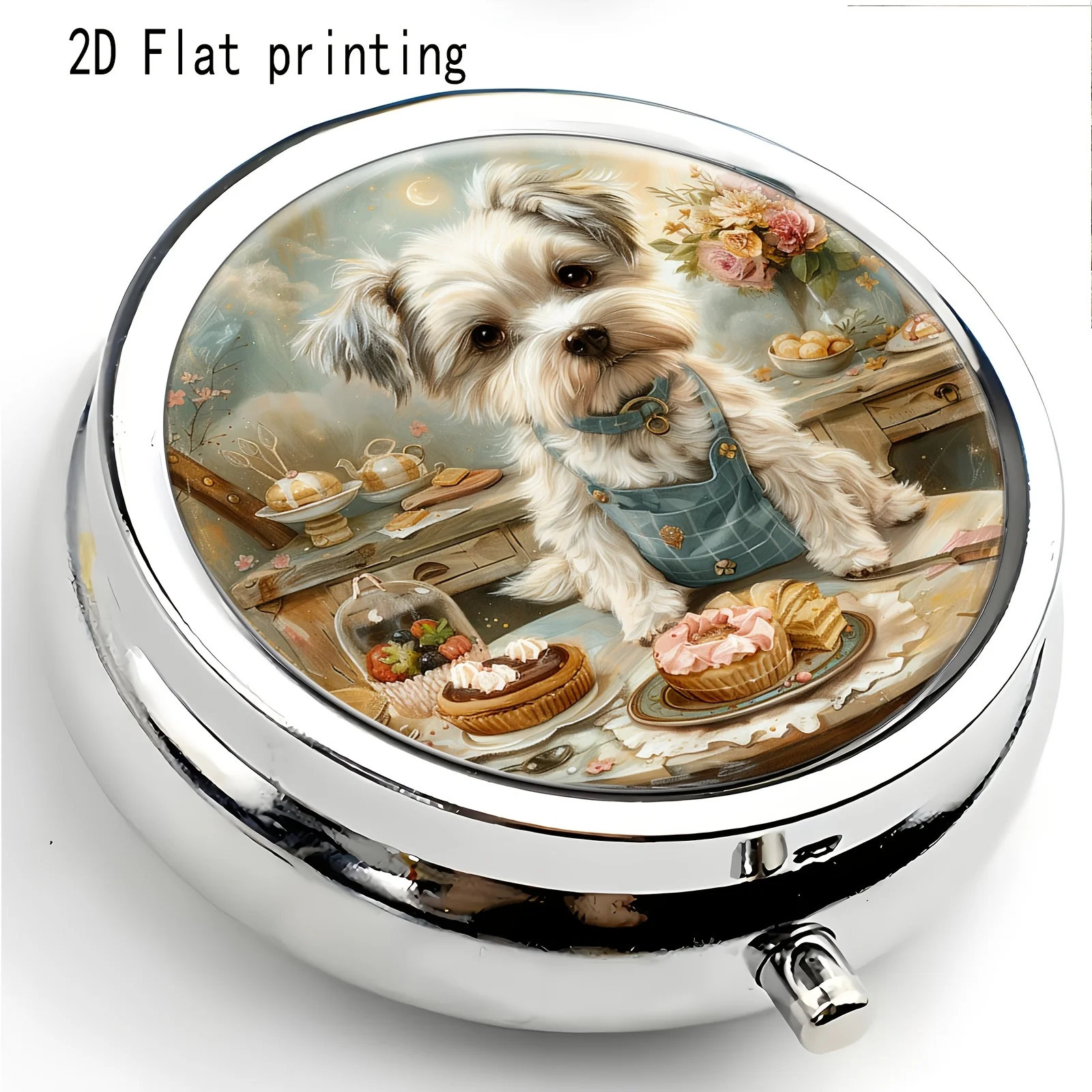 Single piece, flat, Schnauzer dog vintage scene round three-compartment design box, portable medicine storage box, high-end minimalist style, can be used as a gift for a girlfriend, made of durable metal and plastic materials
