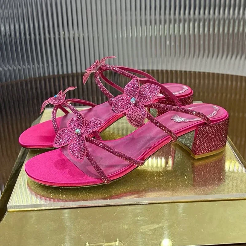 Slippers Bling Rhinestone Flower Chunky High Heels Women Open Toed Lazy Sandals Mujer Ladies Summer Fashion Party Dress Shoes