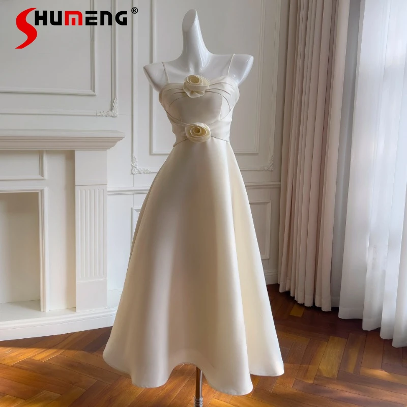 Cute Youth-Looking Bandeau Sling Long Dresses Three-Dimensional Flower French Style Temperament Socialite Formal Dress For Women