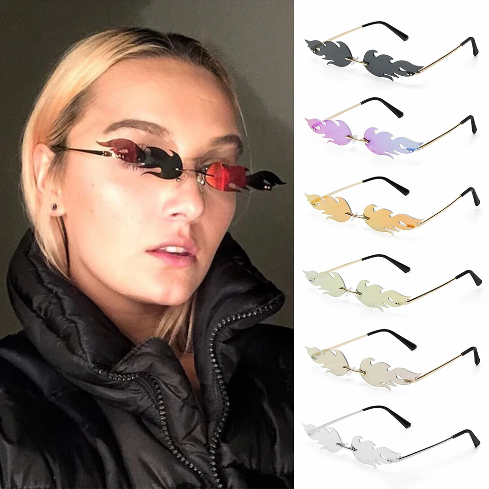 Streetwear Eyewear Narrow Sunglasses Wave Sun Glasses Fire Flame Fashion Sunglasses Rimless