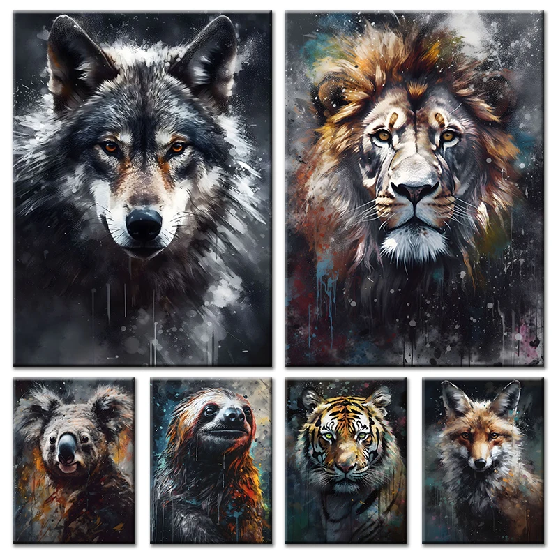 Watercolor Animals Portrait Canvas Painting Ape Chimpanzee Lion Wolf Portrait Graffiti Poster and Print for Home Decor Framel