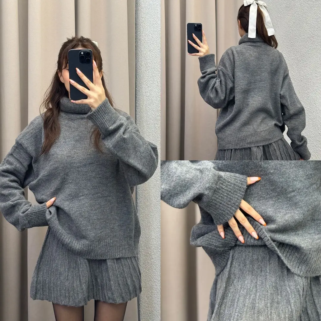 

Solid Long Sleeve Knitted Suit Women Fashion Turtleneck Knit Sweater Pleated Short Skirt Set Autumn Lady Commute Casual Outfits