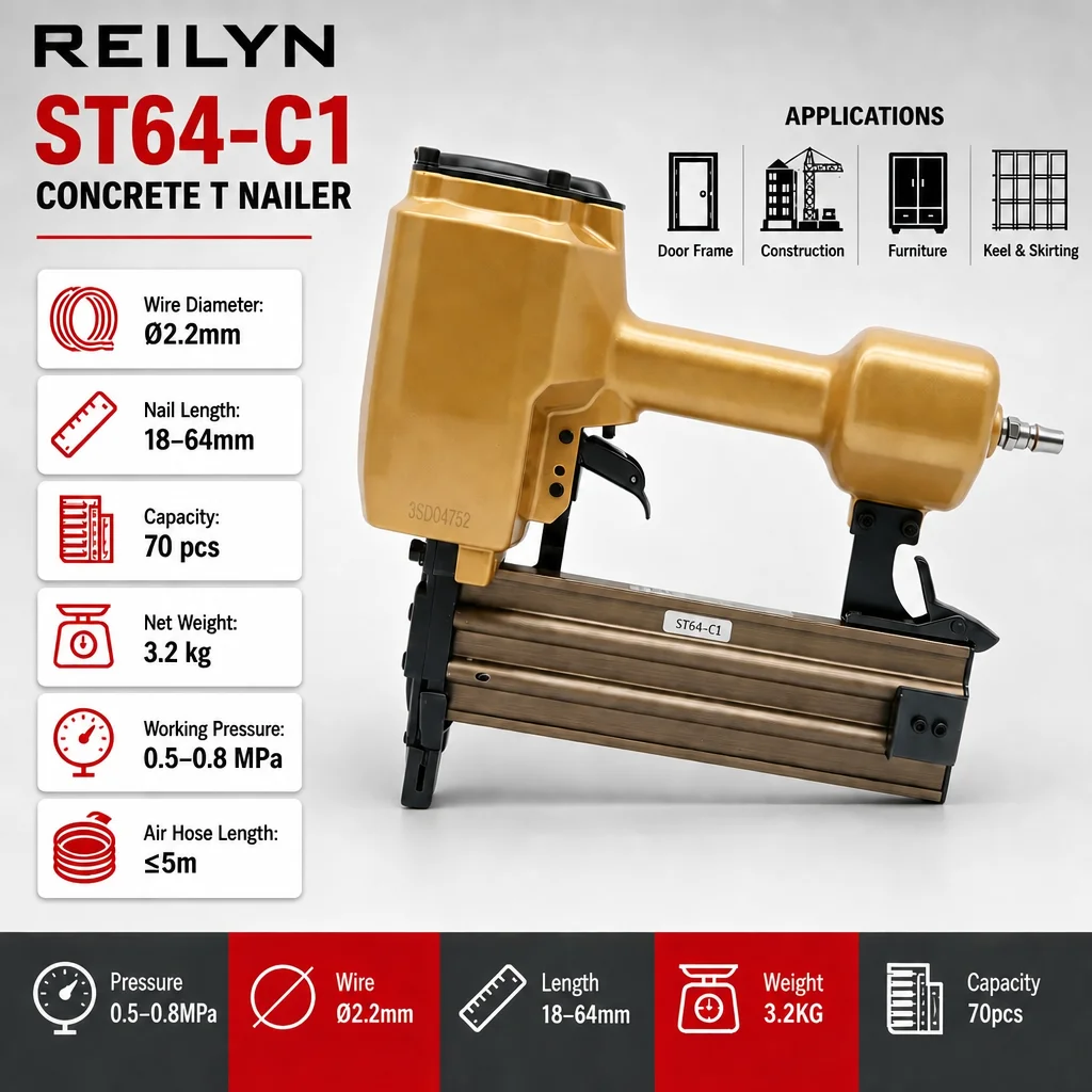 Reilyn 16GA Concrete Brad Nailer ST64-C1 Air Steel Stapler Straight Nail Gun for Furniture Frame Assembly Cabinet Building
