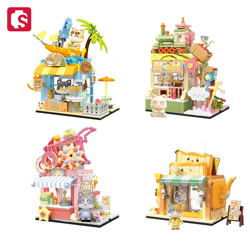 SEMBO Cat Coffee Shop Architecture Model Assemblage Building Blocks Kits MOC Creative City Streetscape Bricks Girls Gifts Toys