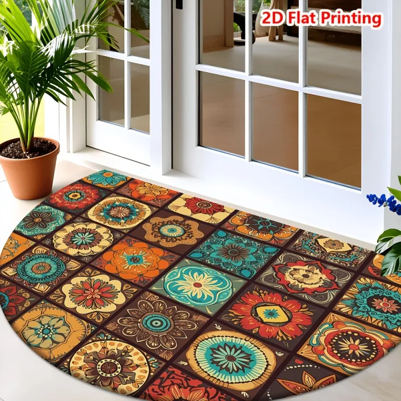 Ornate Baroque Floral Semicircle Doormat Flowers Gold Leaves and Berries Non Slip Floor Mat for Luxurious Traditional Home