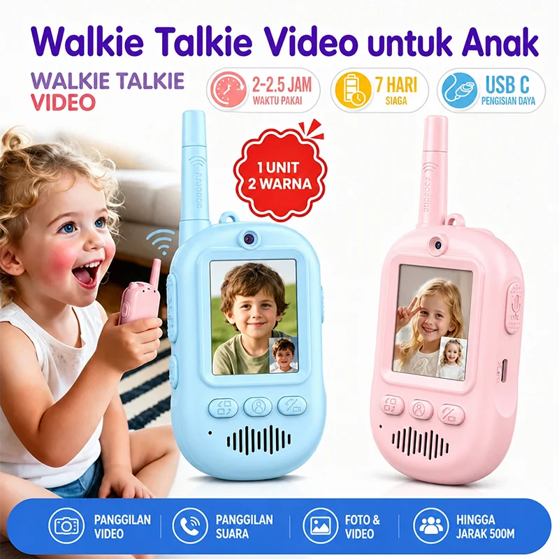 Kids Video Walkie Talkie Toy, 2Pcs Pink & Blue, Two Way Audio & Video Call, 500M Range, High Quality, Perfect Holiday Gift