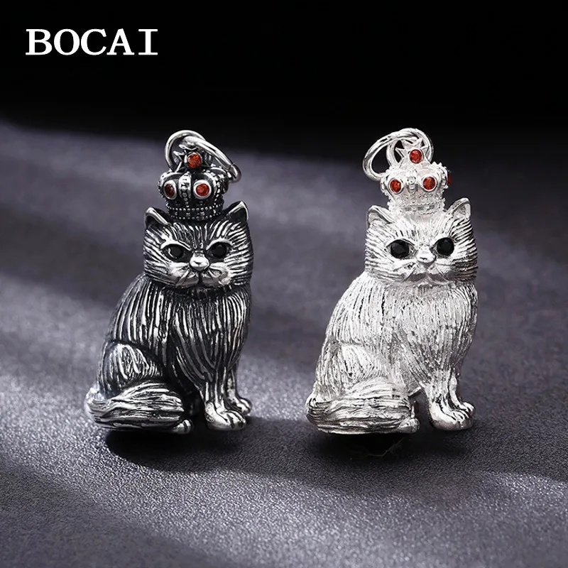 

BOCAI NewS925 Sterling Silver Retro Personalized Trendy Kaffey Cat Pendant Men and Women Gift