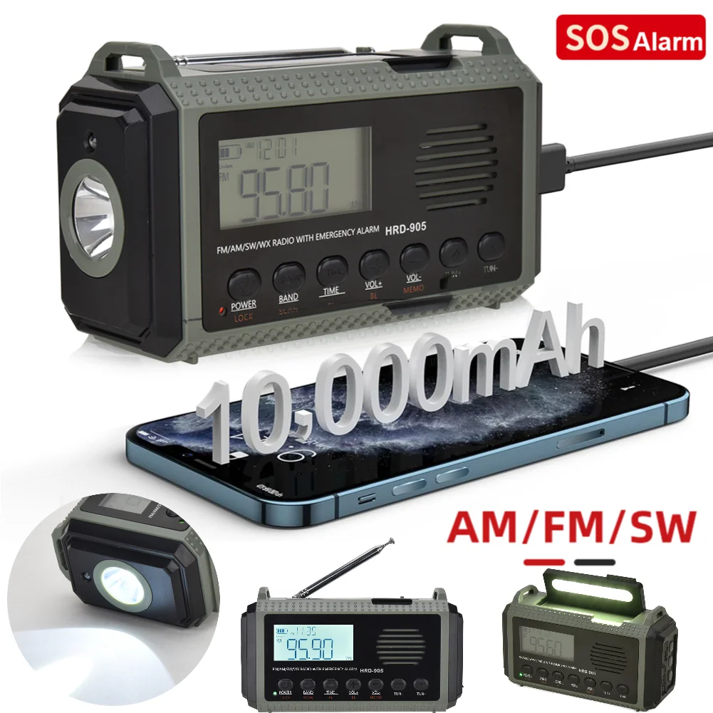 

10000MAh Multifunction Radio Solar Hand Crank AM FM SW NOAA Weather Radio 4 Ways Powered Torch Reading Lamp for Outdoor Survival