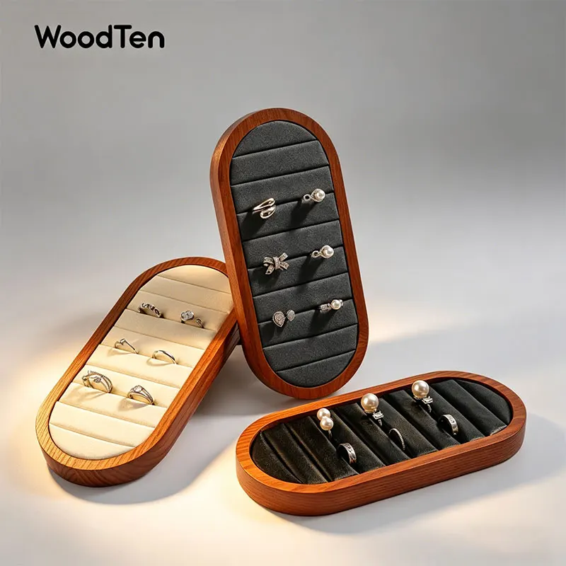 WoodTen Rings Organizer Shelf Microfiber Wooden Jewelry Display Stand Storage Rack Counter Ring Display Stand Ring Display Props