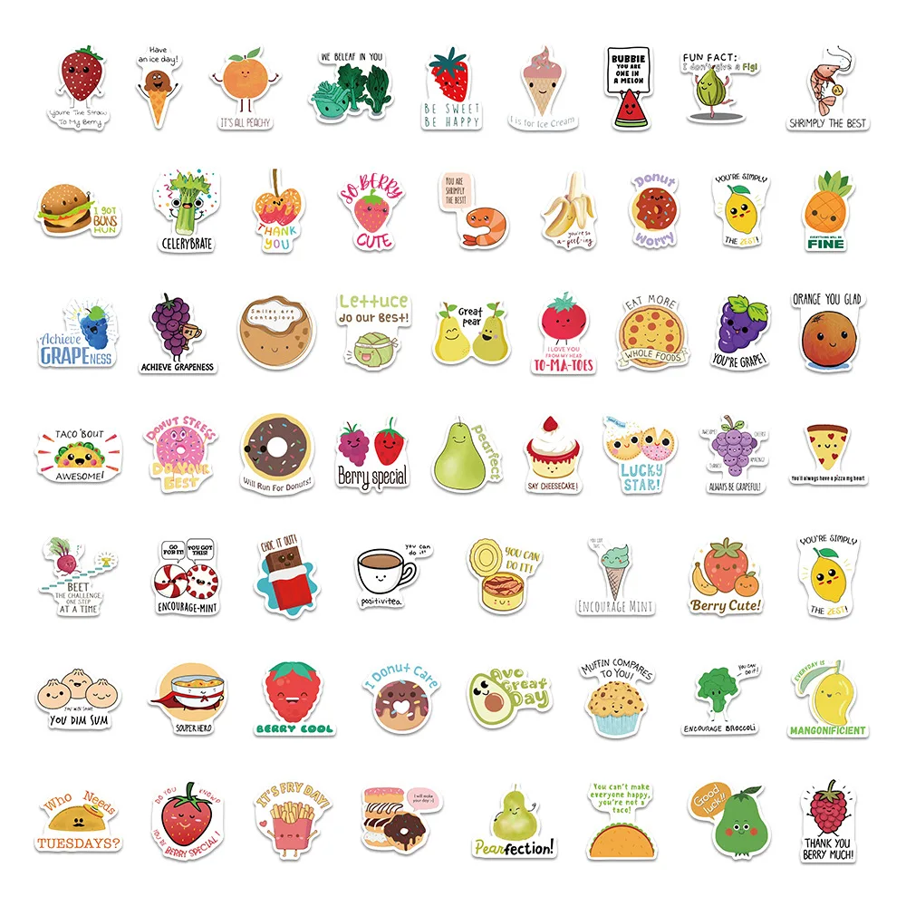60PCS 재미있는 음식 영감 소개 영어 슬로건 DIY 장식 가방 모바일 케이스 방수 스티커 어린이 장난감