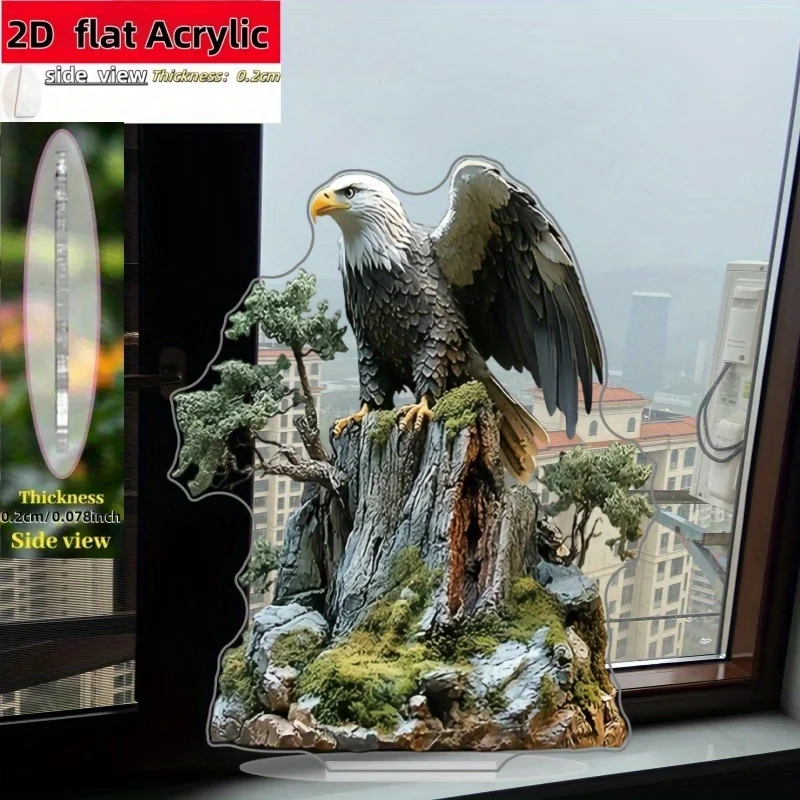 2D Flat Design, 1pc White-Headed Eagle Decoration on a Rock Cliff - L-Shaped Base Desktop Ornament, No Assembly Required, Lightw