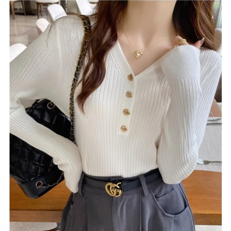 الموضة الكورية الخامس الرقبة بلون طويلة الأكمام المرأة محبوك قاعدة سترة الخريف والشتاء جديد بسيط بلوزة كاجوال القمم