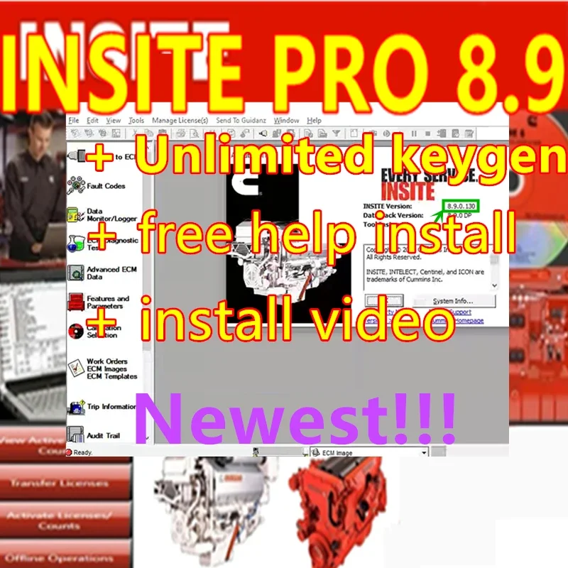 Newest Cummin Insite 8.9 PRO + free Keygen Cummin 8.9 Engine Diagnostic Software Fault Code Engine Tests Adjustment Remove ECM