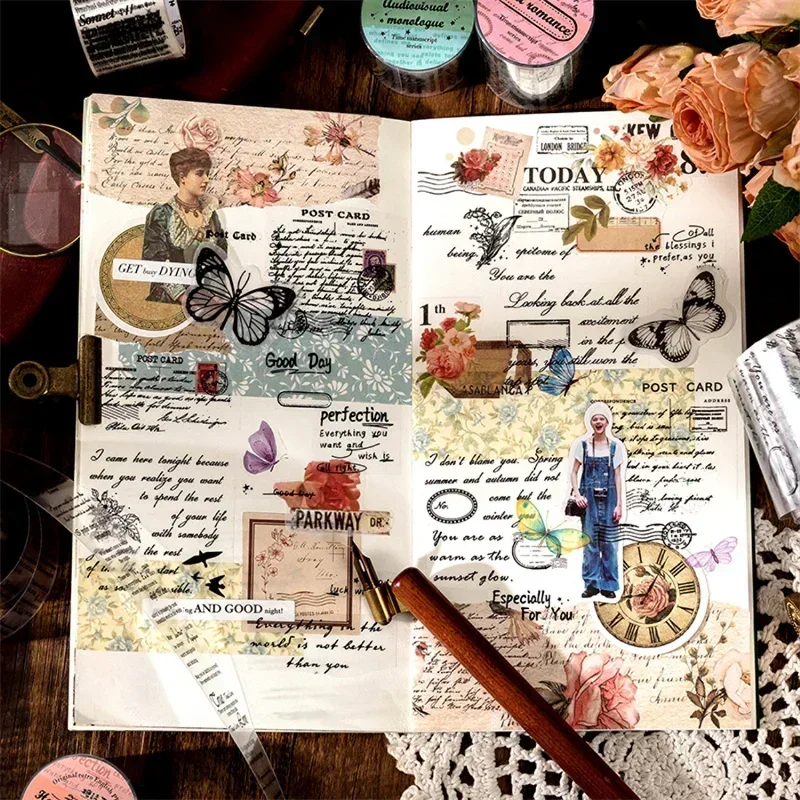 1Roll Vintage English Supplies Scrapbook Tape Transparent Seal Fastener Simple Basic Collage Time Book Draft Series 50MM*2M