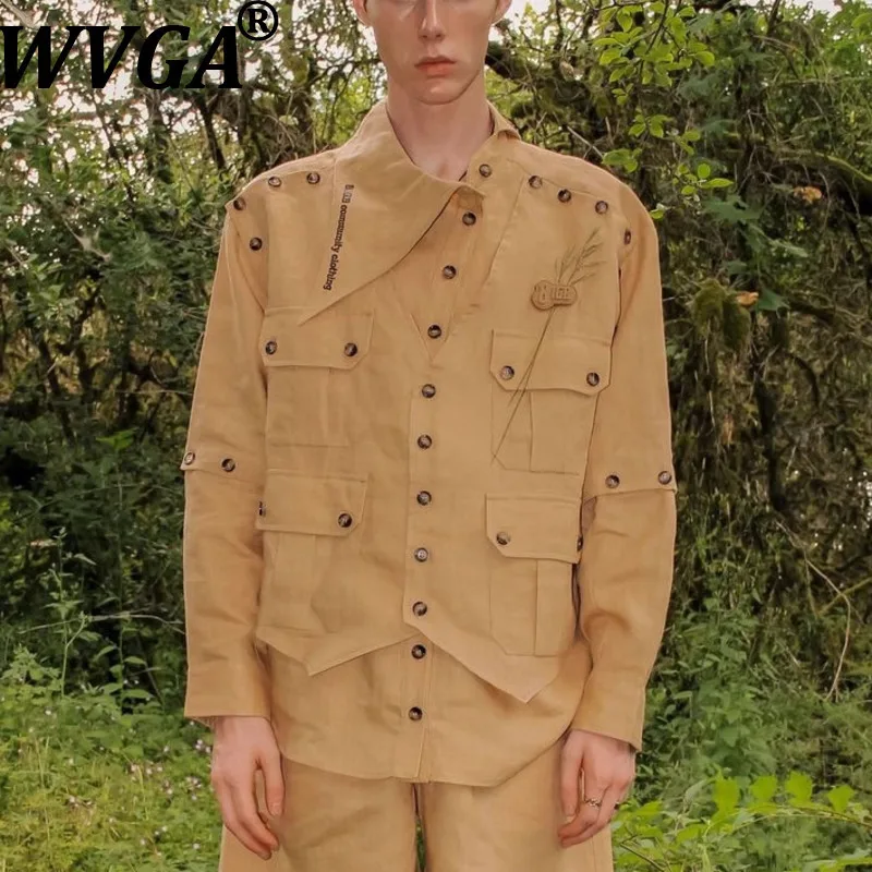 WVGA Spring Autumn New Men Tide Fashion Punk Safari Style Button-Up Stand Collar Detachable Shirts Niche Chic Casual Tops W16981