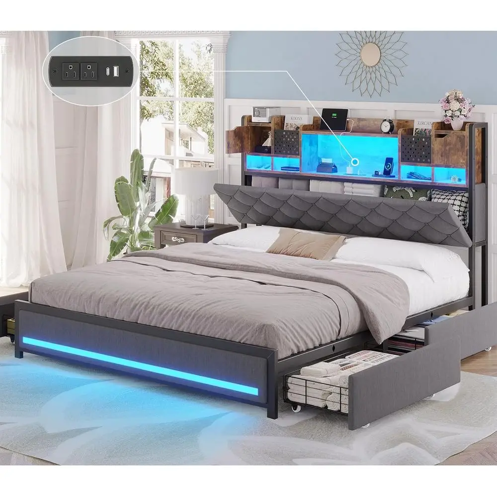 

Gray Queen Platform Bed with Storage Headboard, 4 Drawers, Upholstered Frame, Charging Station, LED Lights, Easy Assembly