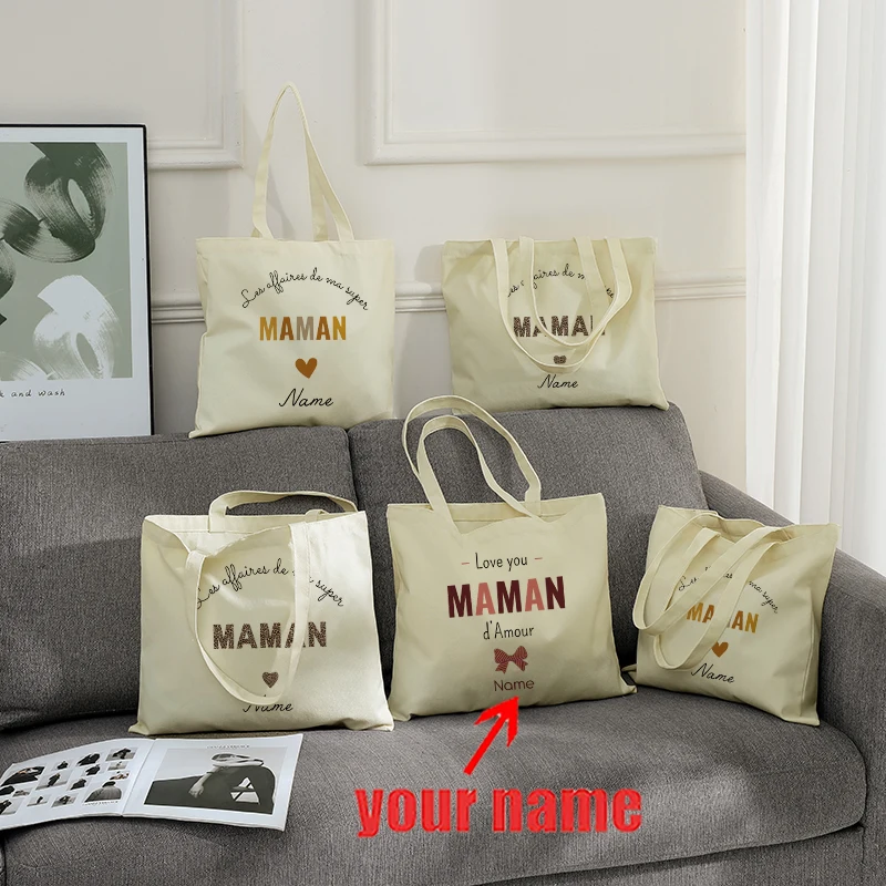 

Personalized with Name Floral Boho Leopard Mamie Heart Patterns Canvas Shopping Bag Tote Bag for Mother Daughter Mother Day Gift
