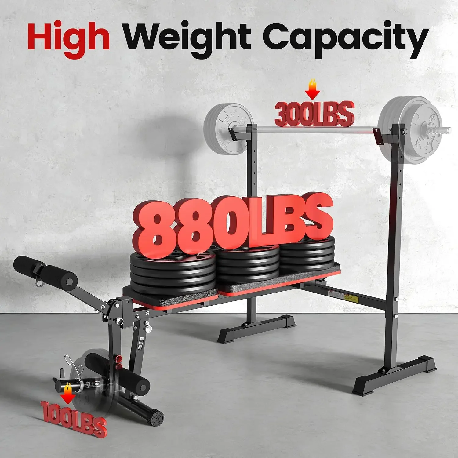 Weight Bench Set, 880LBS Adjustable Bench Press Set with Leg Extension and Barbell Rack, Safety Bar Catches, Fasting Foldable
