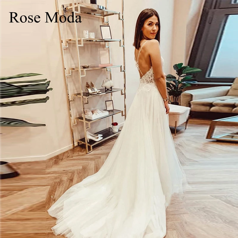 

Rose Moda Beaded Thin Straps V Neck Wedding Dress with Criss Cross Back Destination Bridal Gown Custom Make