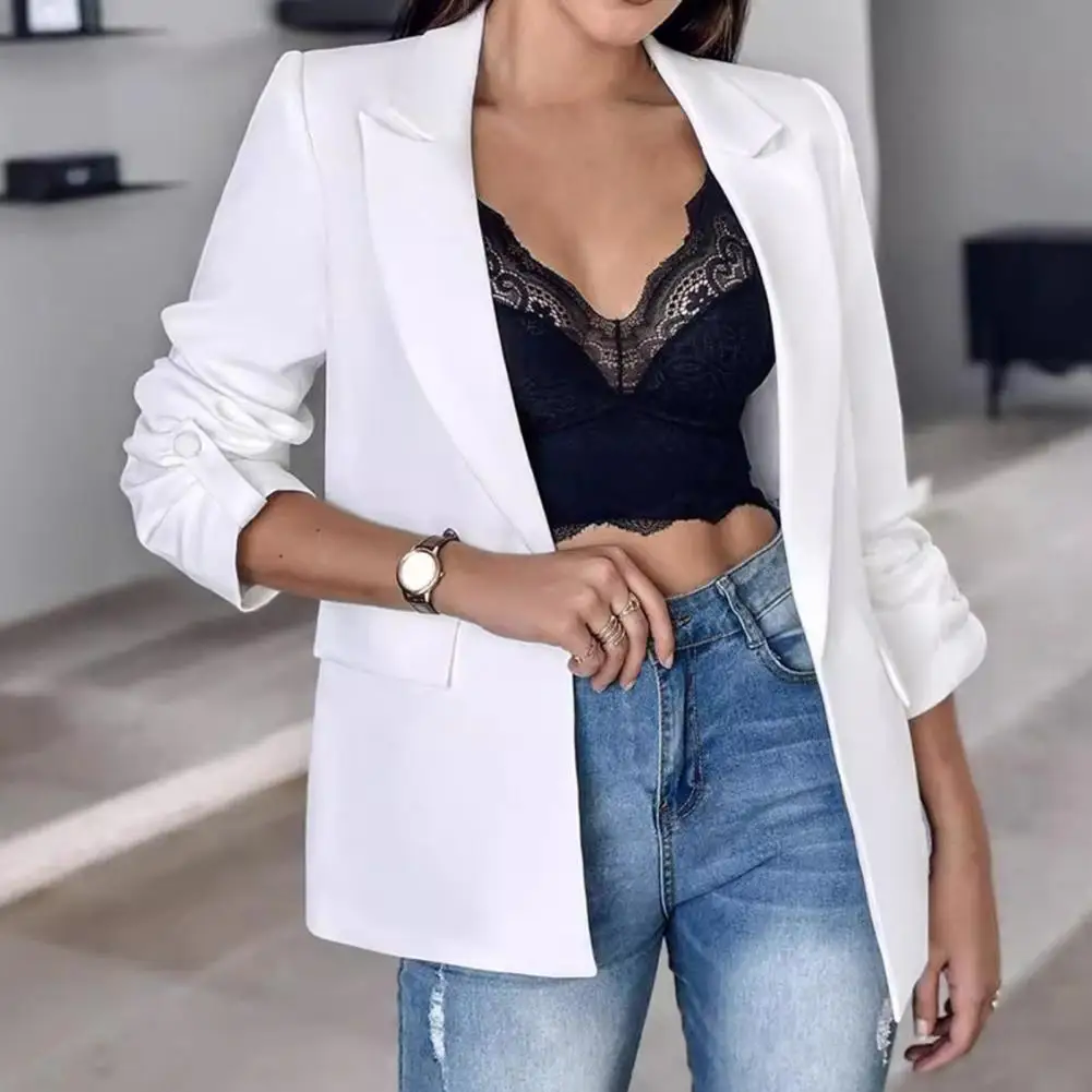 Colbert Elegant Revers Pak Jas Voor Dames Lange Mouwen Business Outwear Met Flap Zakken Effen Kleur Open Voorkant Voor Kantoor