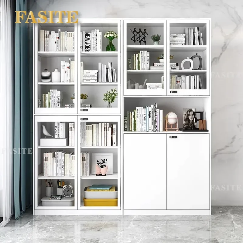 For Steel Bookcase Living Room Storage Cabinet Dust-proof Glass Door Display Wrought Iron Combination Locker Integrated Wall