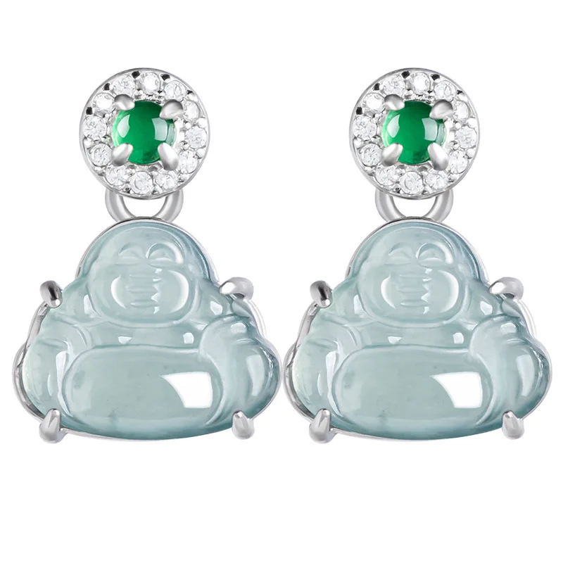 

Myanmar Jadeite Maitreya Earrings 925 Silver Talismans Charm Jewelry Natural Burmese Jade Stone Ear Stud Carved Gemstone Luxury