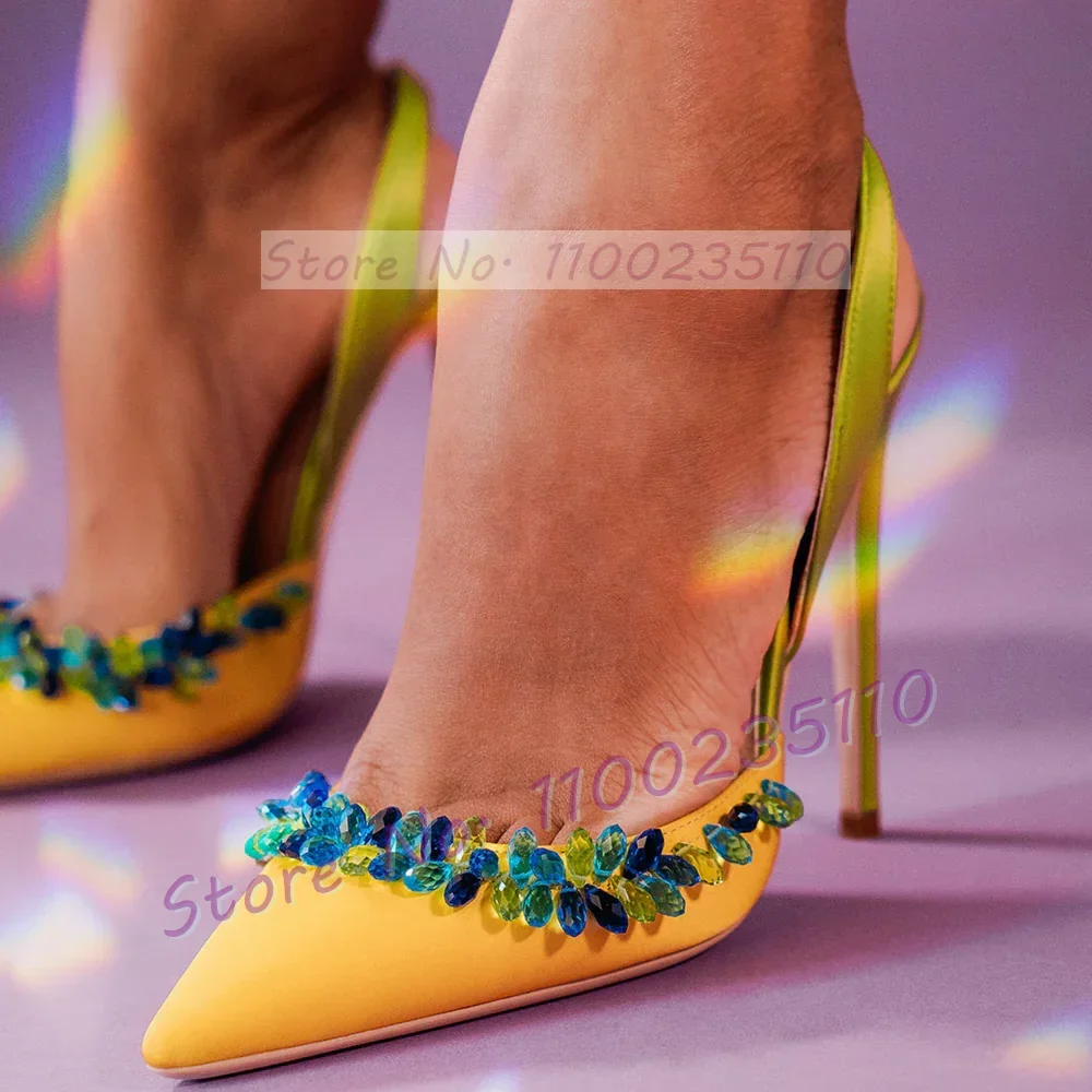 صندل من الساتان الأنيق بزخرفة كريستالية باللون الأزرق للنساء ، حزام خلفي ، أحذية حفلات بكعب عالي ، حذاء نسائي أنيق مدبب من الأمام ، فاخر ، صيف