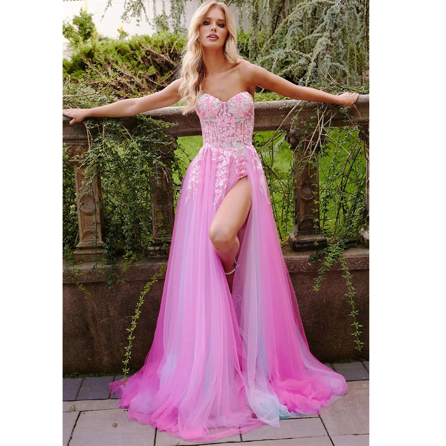 KSDN Pink Appliques Sleeveless Organza Side Split Evening Dress Pretty Women Floor Length Girl's Birthday Gown Tailor-made 2024