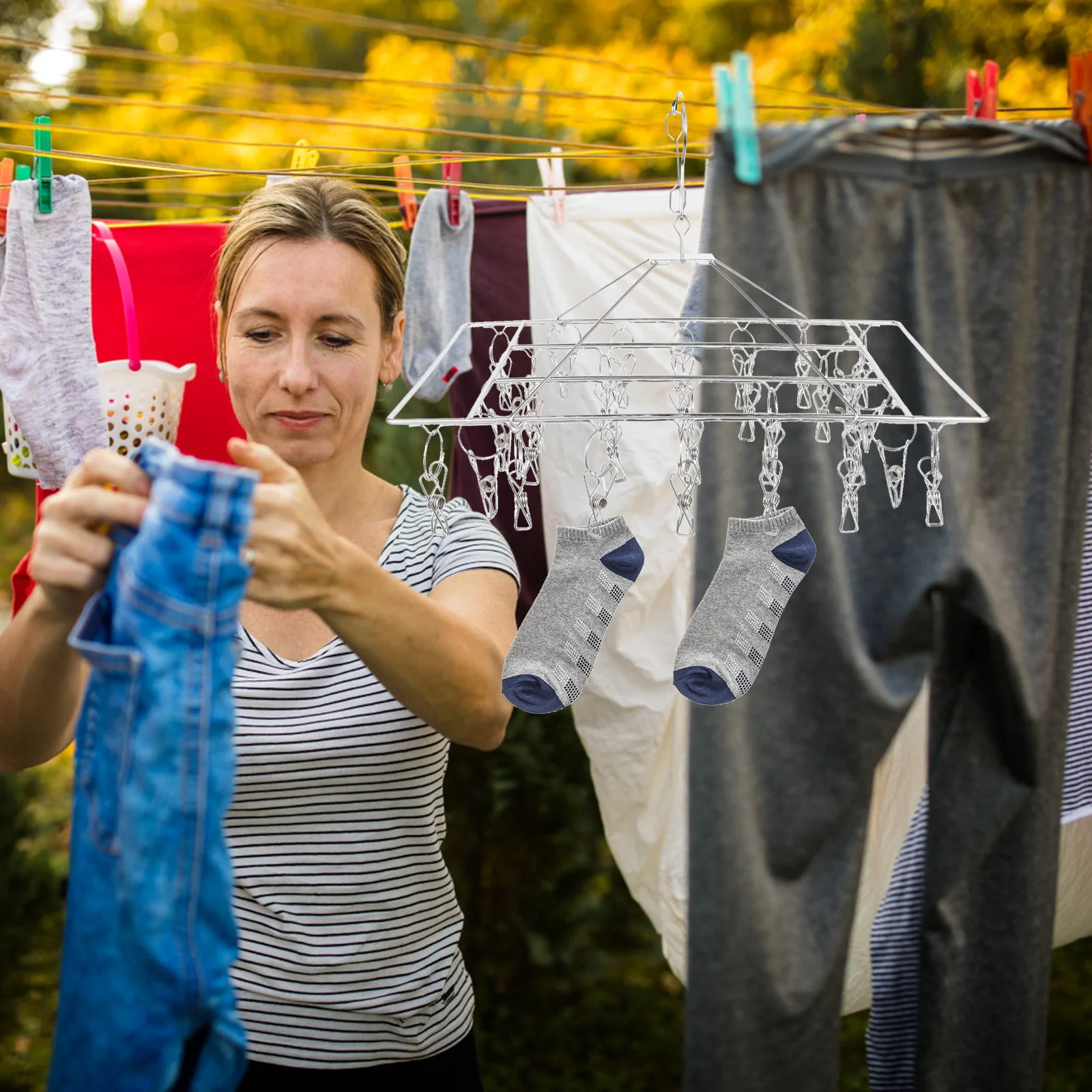 1Pcs Stainless Steel Drying Rack Clothes Hanger Strong Clips Socks Holder Multi-Purpose Laundry Balcony Organizer
