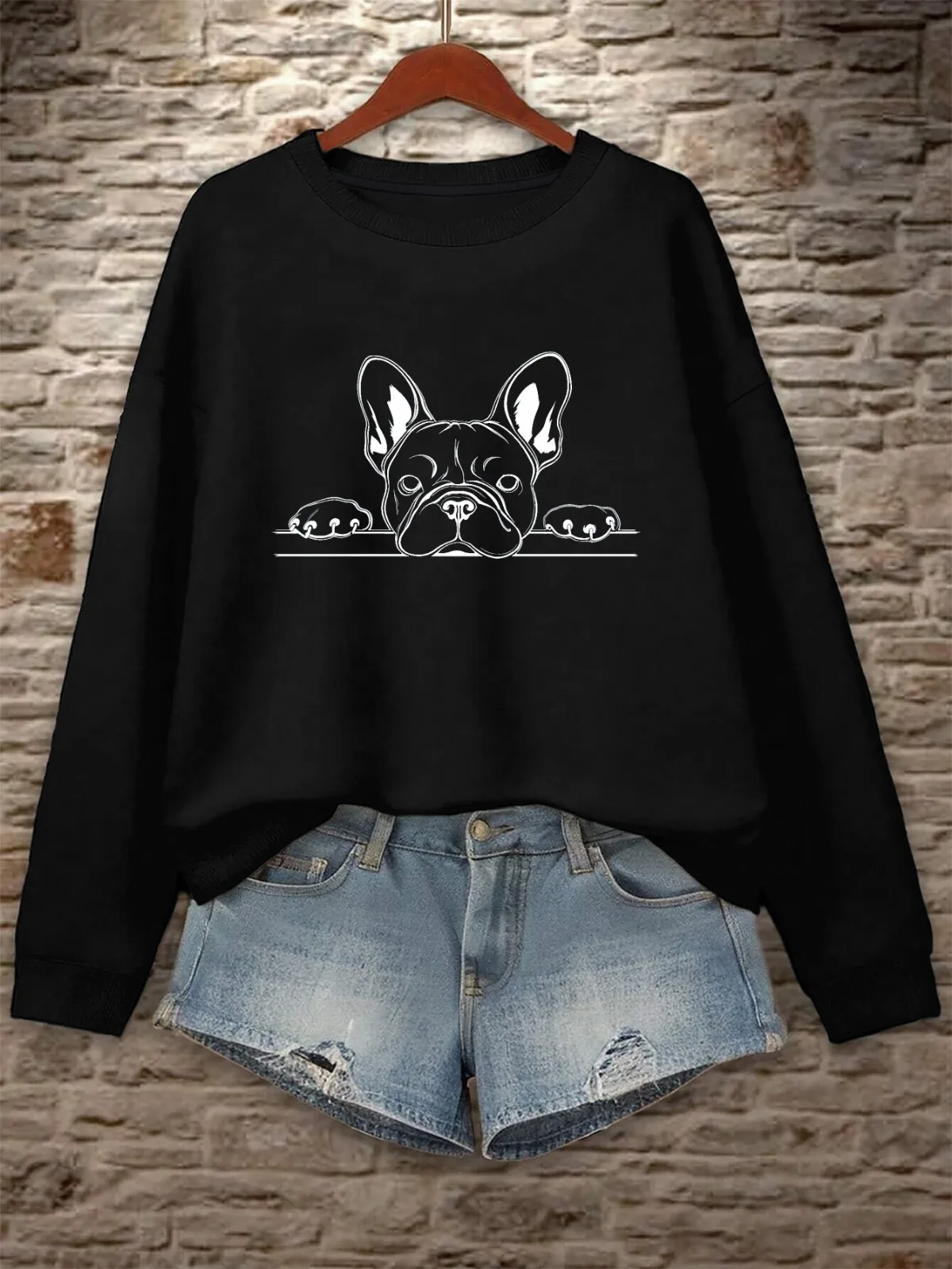 เสื้อสเวตเชิ้ตคอกลมพิมพ์ลายเฟรนช์บูลด็อกลำลองทันสมัยสำหรับผู้หญิงเหมาะสำหรับงานปาร์ตี้วันหยุดของขวัญเสื้อสวมหัว