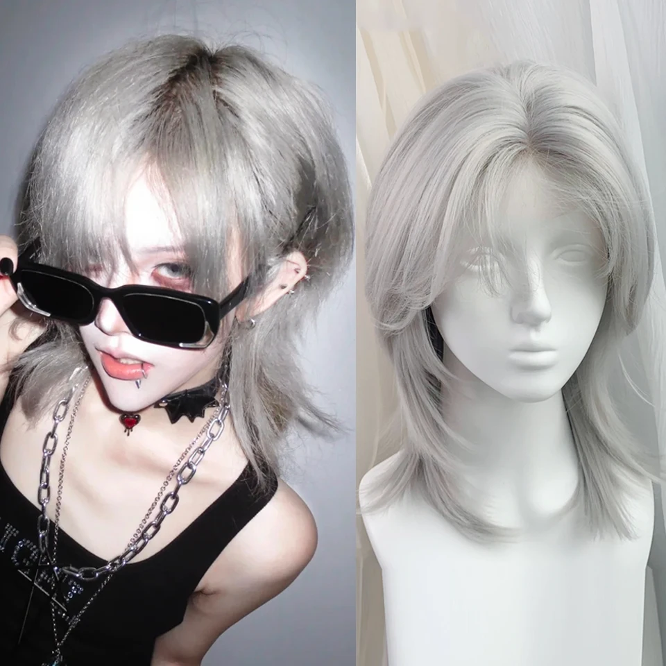 Synthetic Medium Long Silver Gray Layered Wigs Forehead Small Lace Wolf Tail Daily Fluffy Natural Wig for Women Heat Resistant
