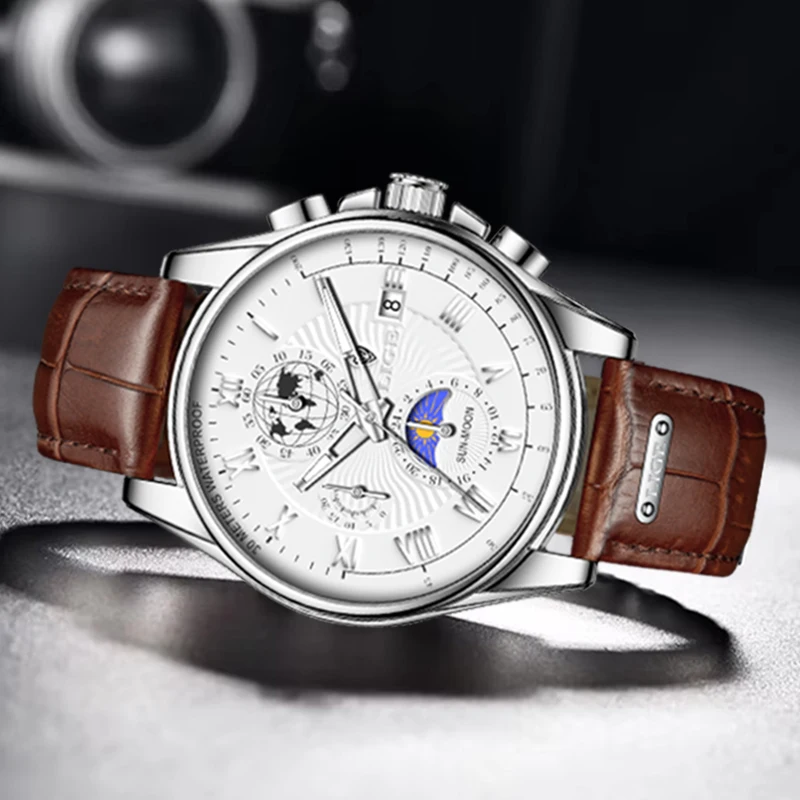 LIGE Leather Watch For Men Fashion 24 Hour Moon Phase Watch Men Casual Business Military Waterproof Date Quartz Chronograph