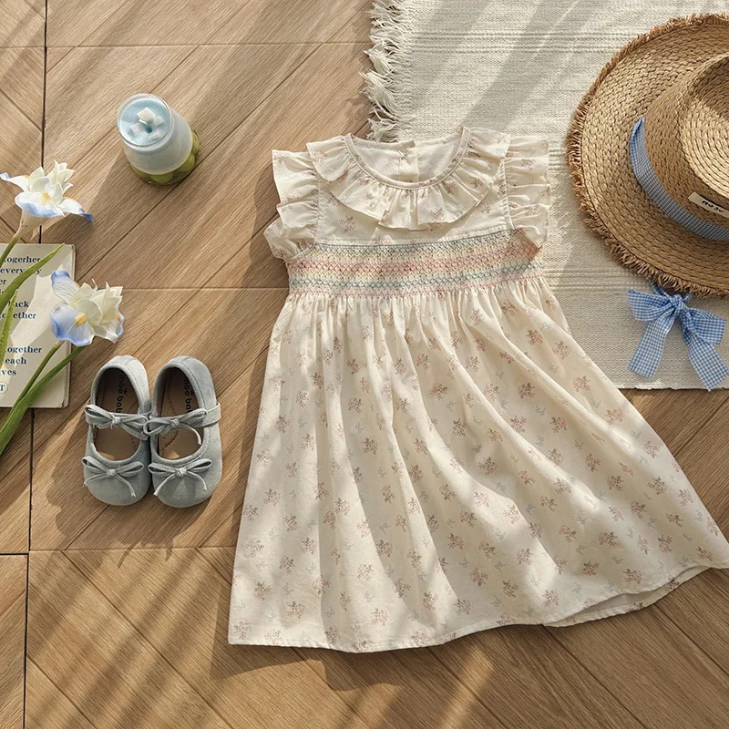 HOT Summer 2026 French Style Floral Print Girls Dress Children's Clothing Waist-Cinching Flutter Sleeve Baby Skirt with Lace Hem