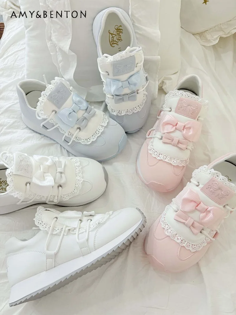 Japanese College Style Thick-Soled Sneakers Original Lolita Cute Round-Toe Running Shoes Bowknot Patchwork Casual Sneakers Women
