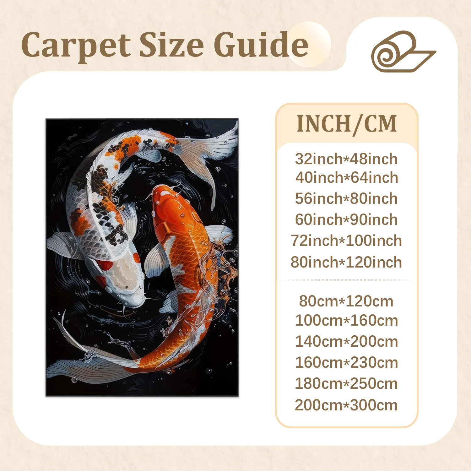 Large Indoor Area Rug, Soft Velvet Low Pile Non-slip Dotted Backing Machine Washable, Koi Fish Pattern on Black Background, Living Room Bedroom Decor, Oriental Style Floor Rug
